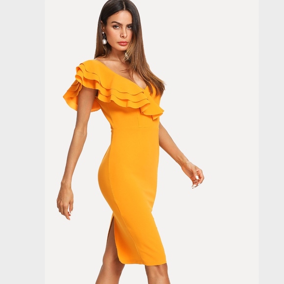 Layered Flounce Trim Slit Pencil V-Neck Dress - Picture 3 of 6